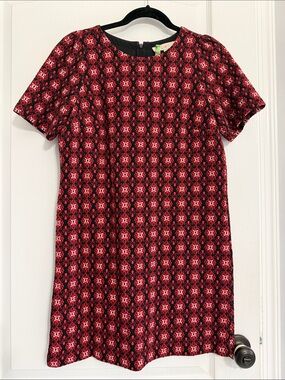 LOFT Red and Black Short Sleeve Patterned Shift Dress